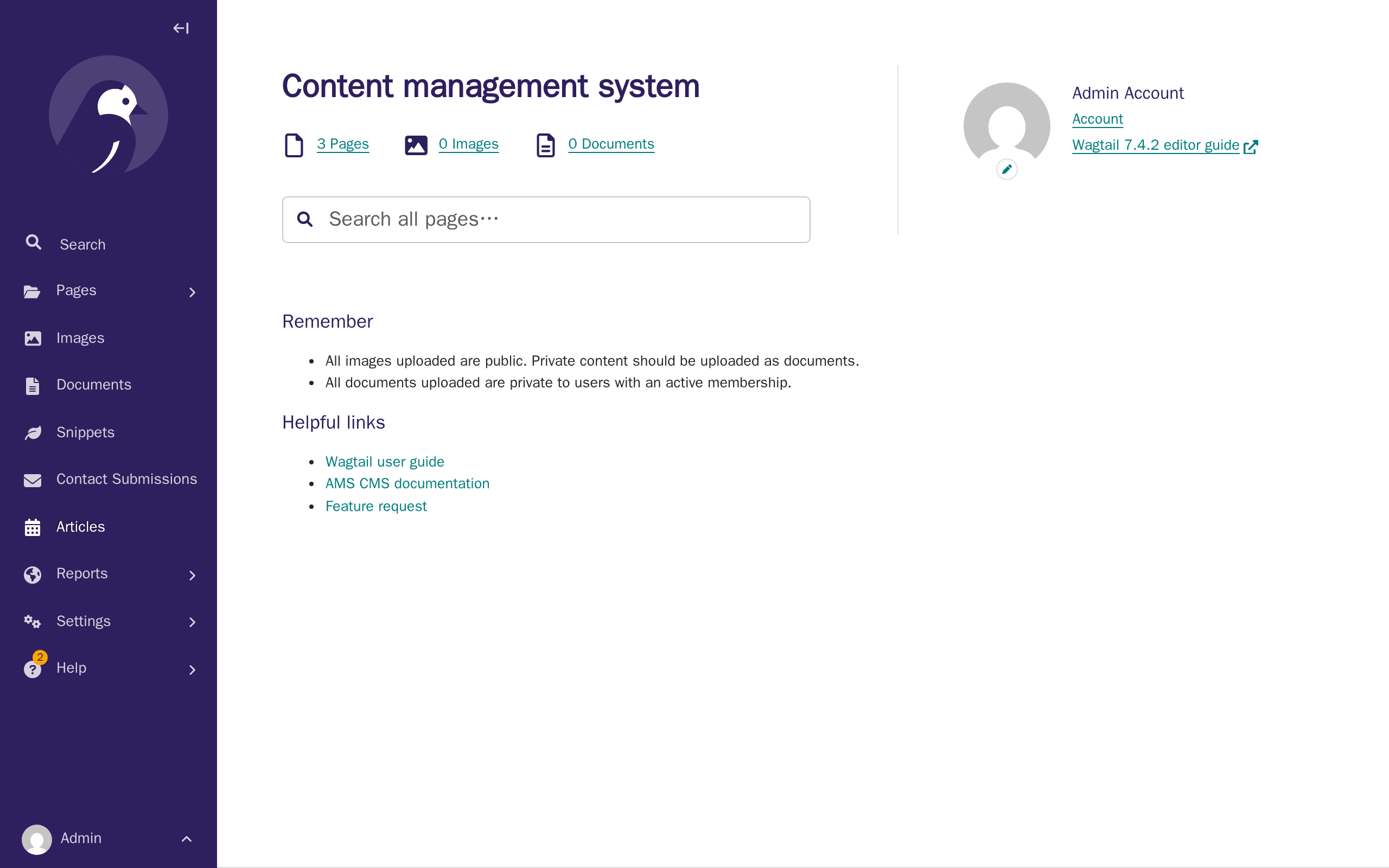 The Wagtail CMS dashboard