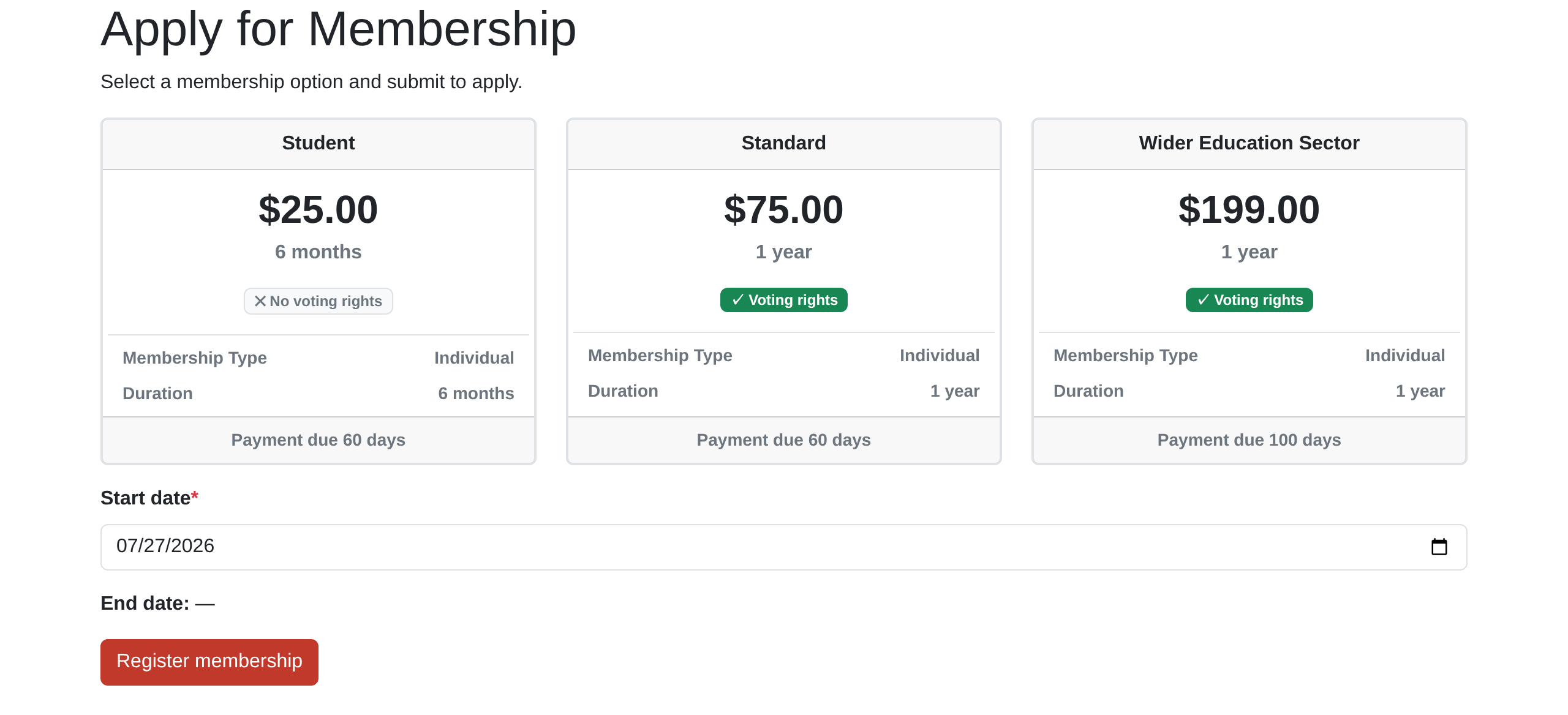 The membership application form, showing three pricing options and a start date field