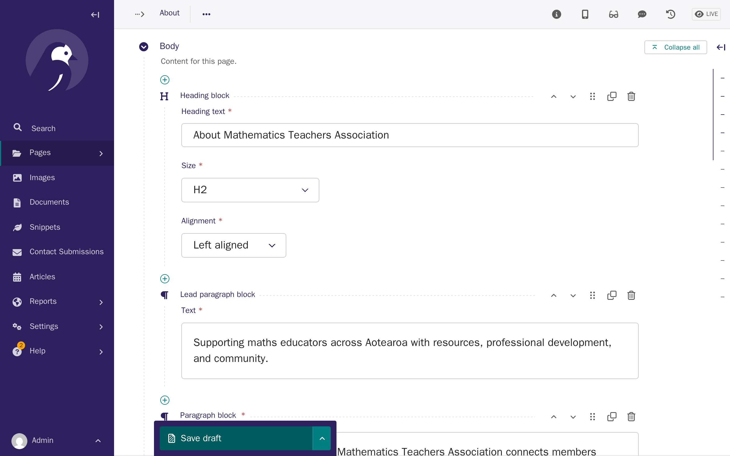 The About page editor, showing real page content built from Title, Lead paragraph, and Paragraph blocks