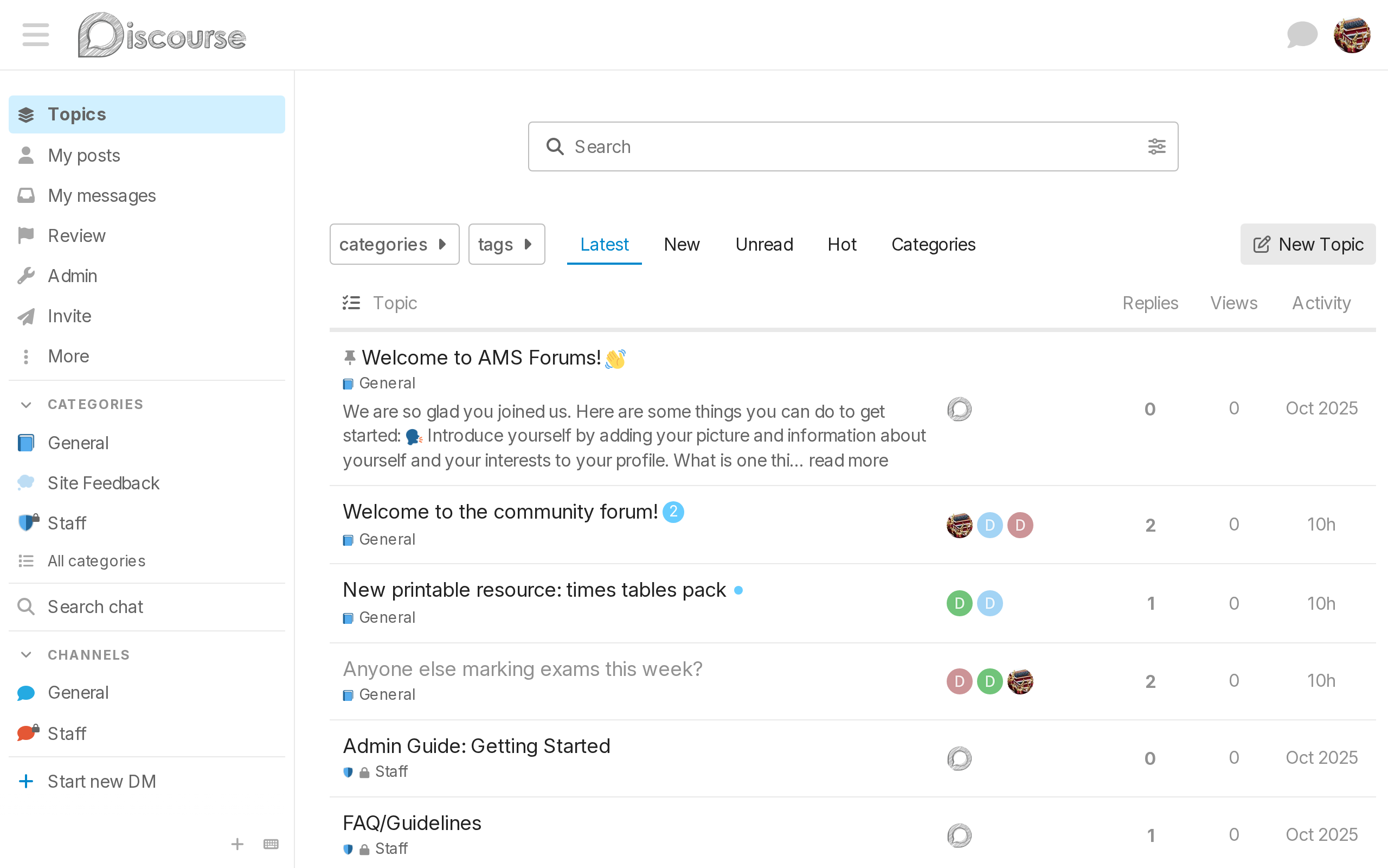 The Discourse community homepage, showing several active topics and replies