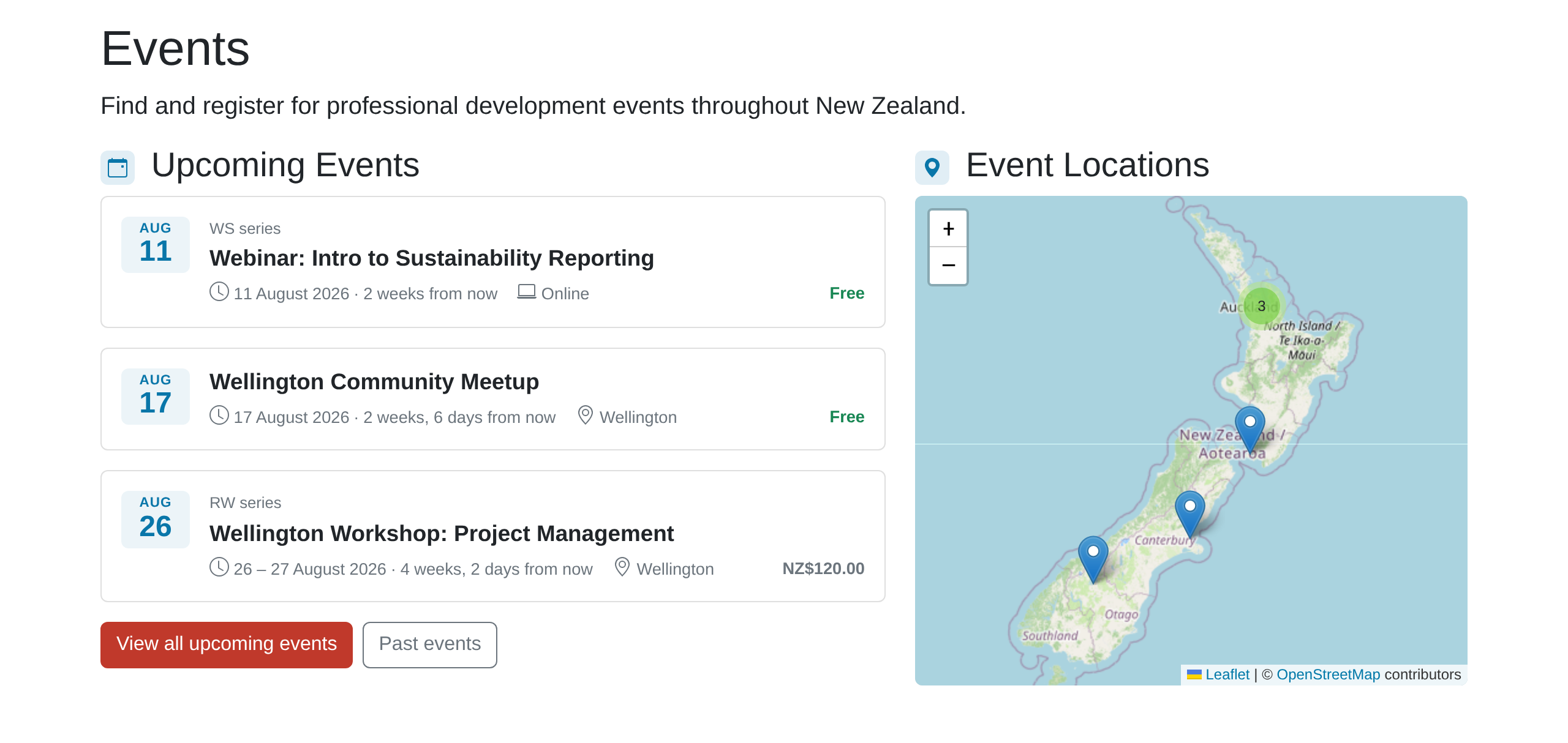The public events page, showing multiple upcoming events with pins spread across the map