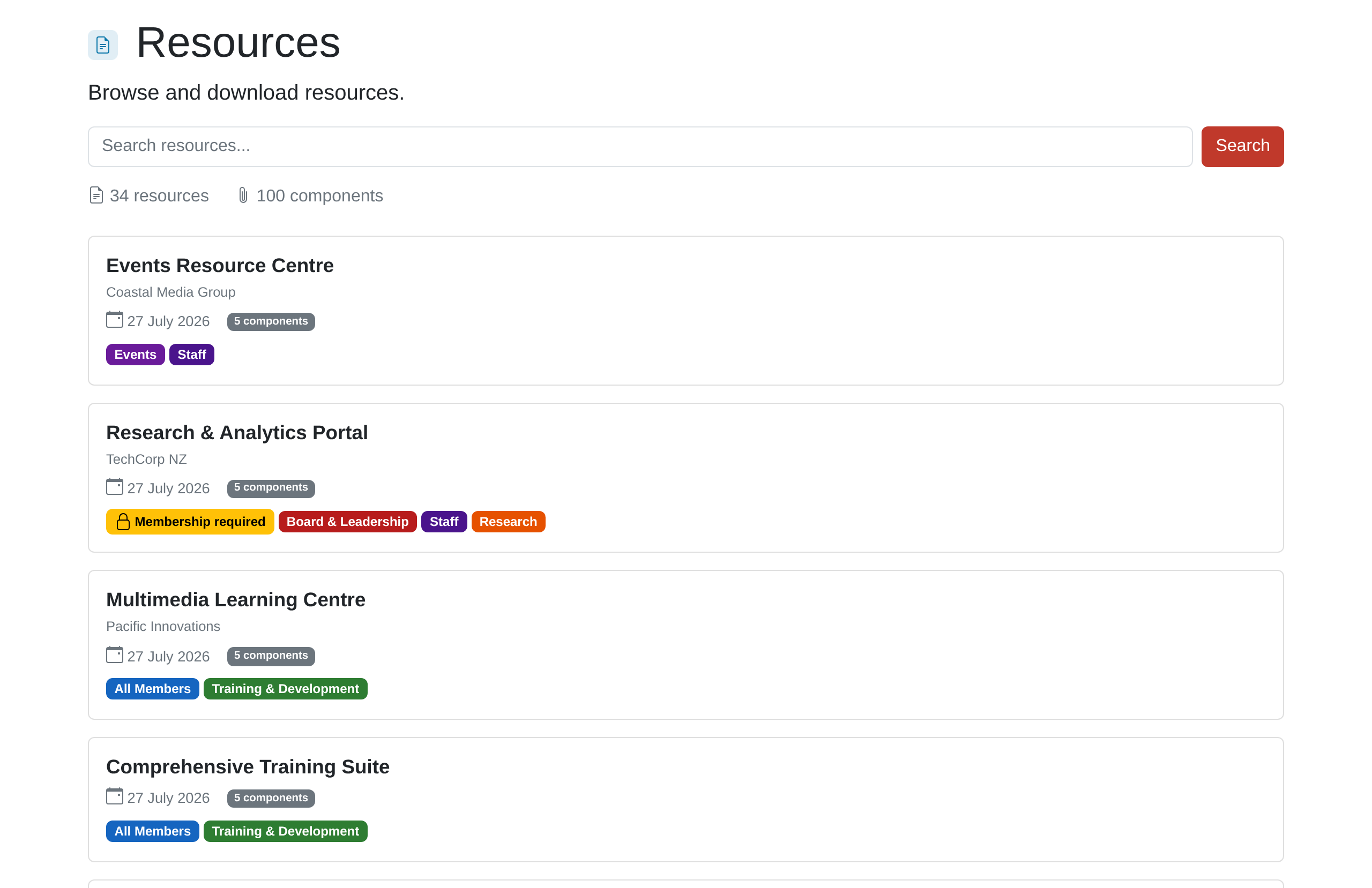 The public resources page, showing many published resources listed