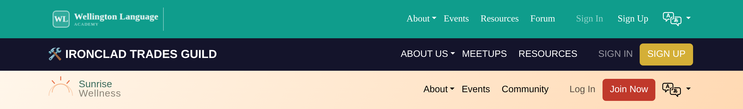 Three navbars for three different associations, each with a radically different colour scheme, font, and logo, stacked for comparison