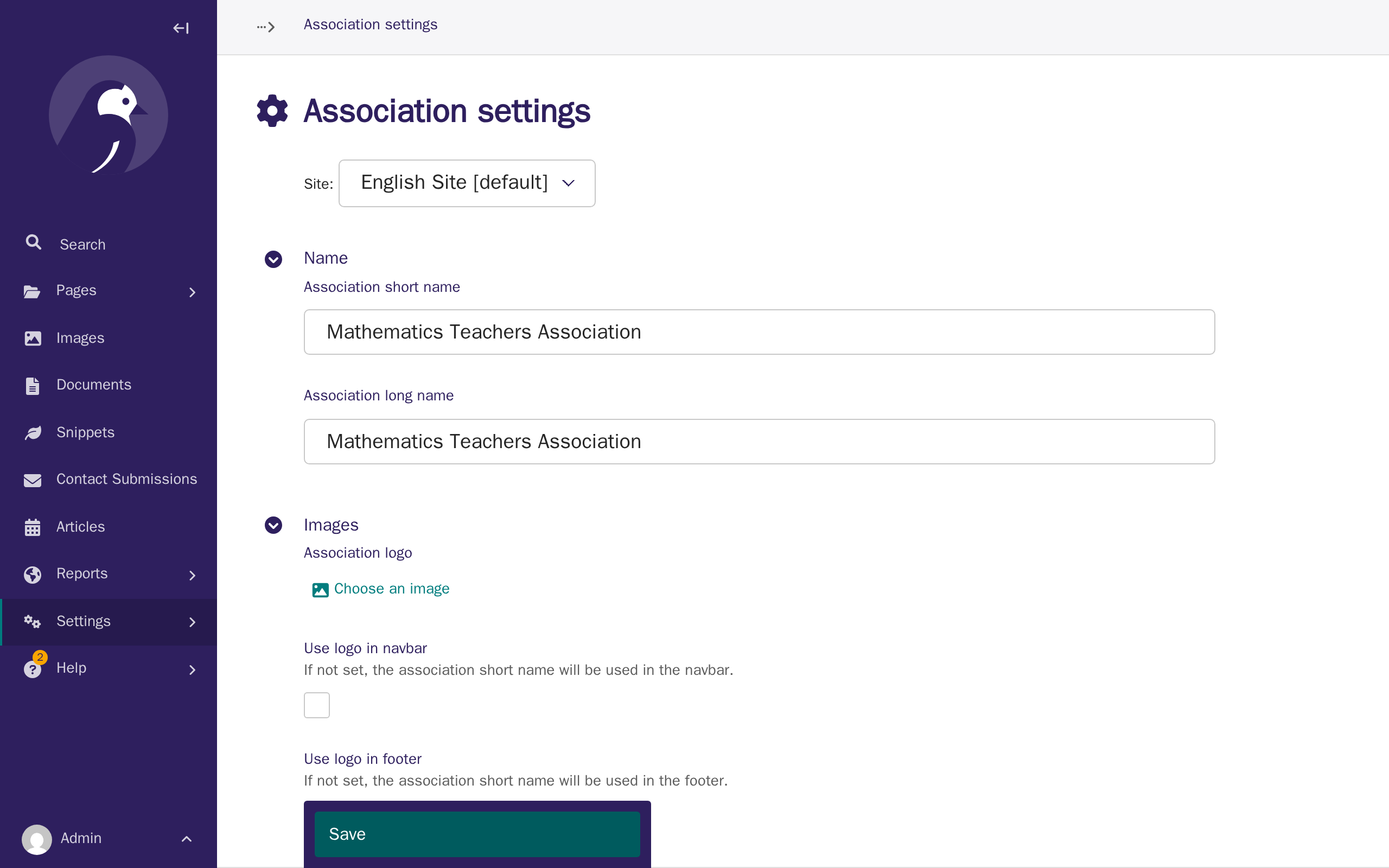 A confirmation message after saving the association's short and long name