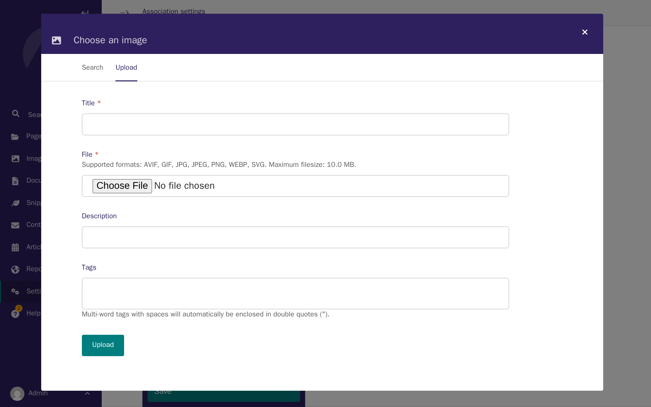 The image chooser's Upload tab, open and empty