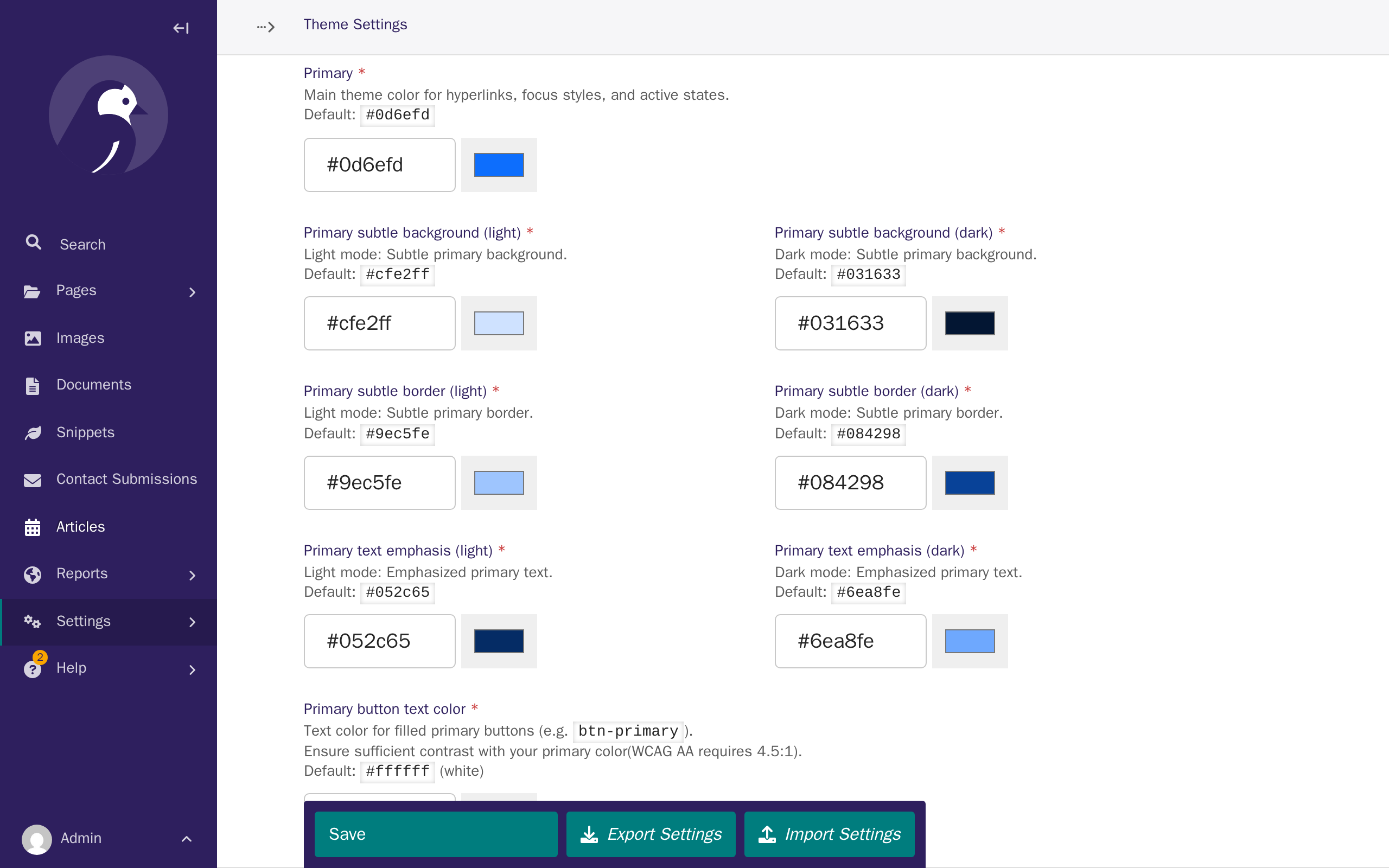 The Primary colour section of Theme Settings, showing the default blue