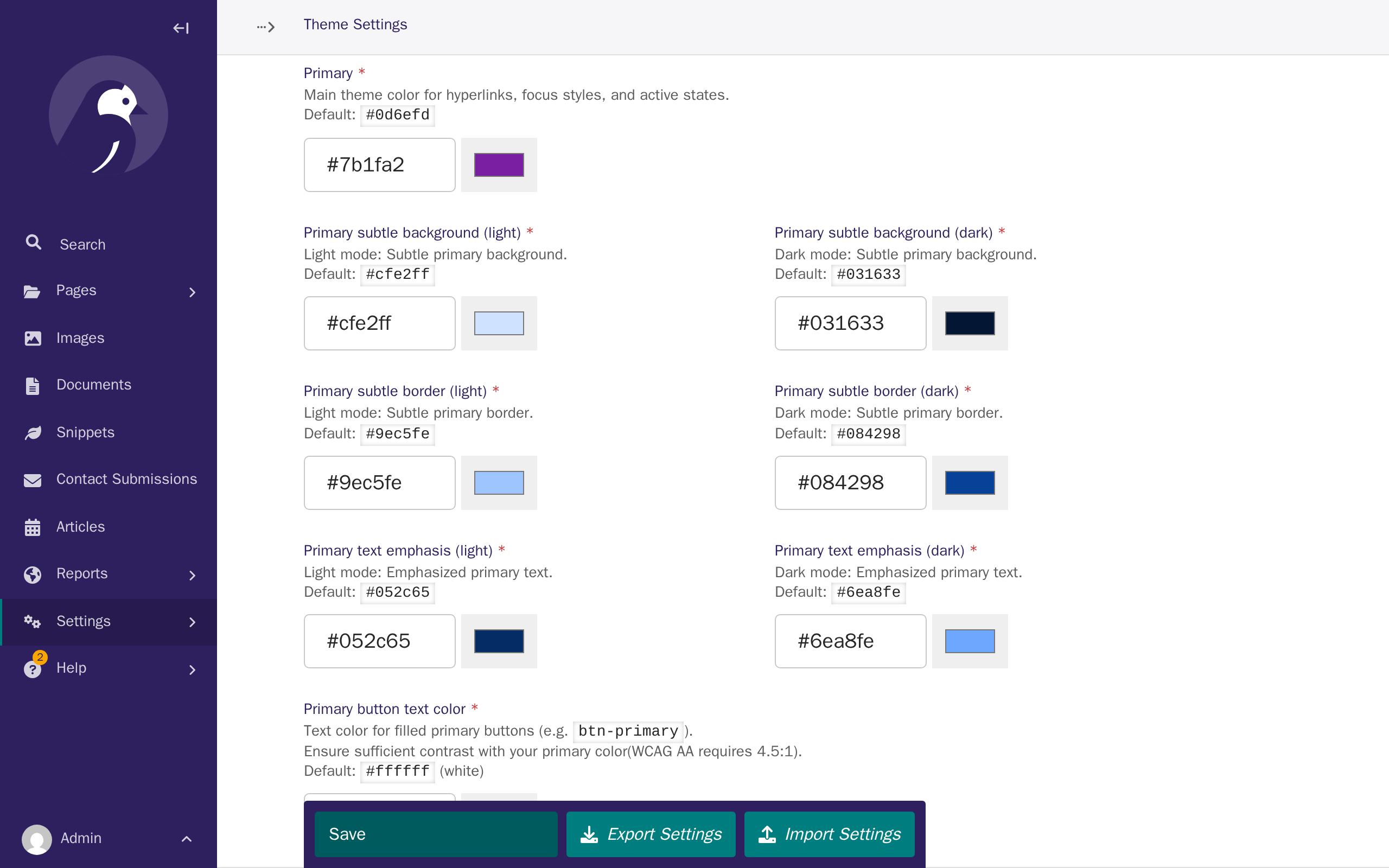 The Primary field now showing a purple brand colour after saving