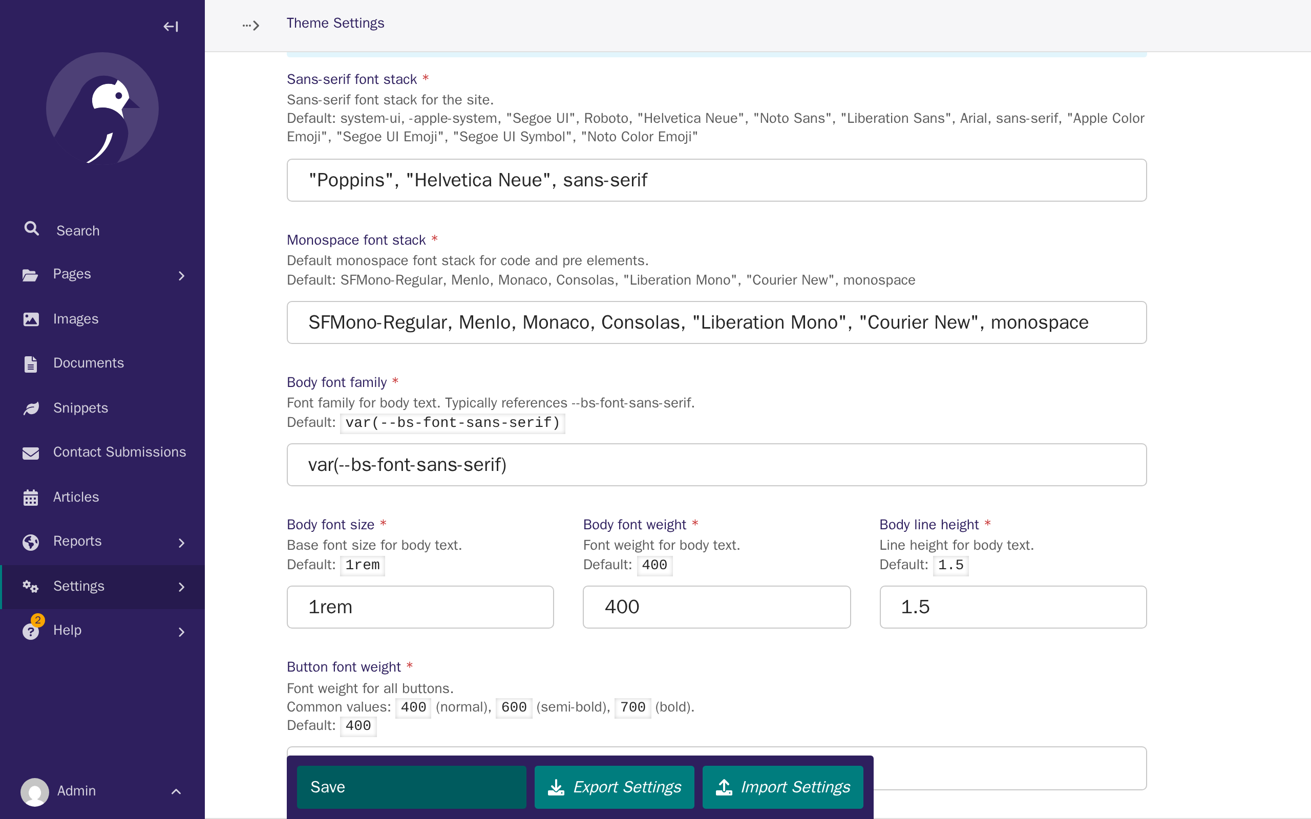 The Sans-serif font stack field now showing a different font after saving