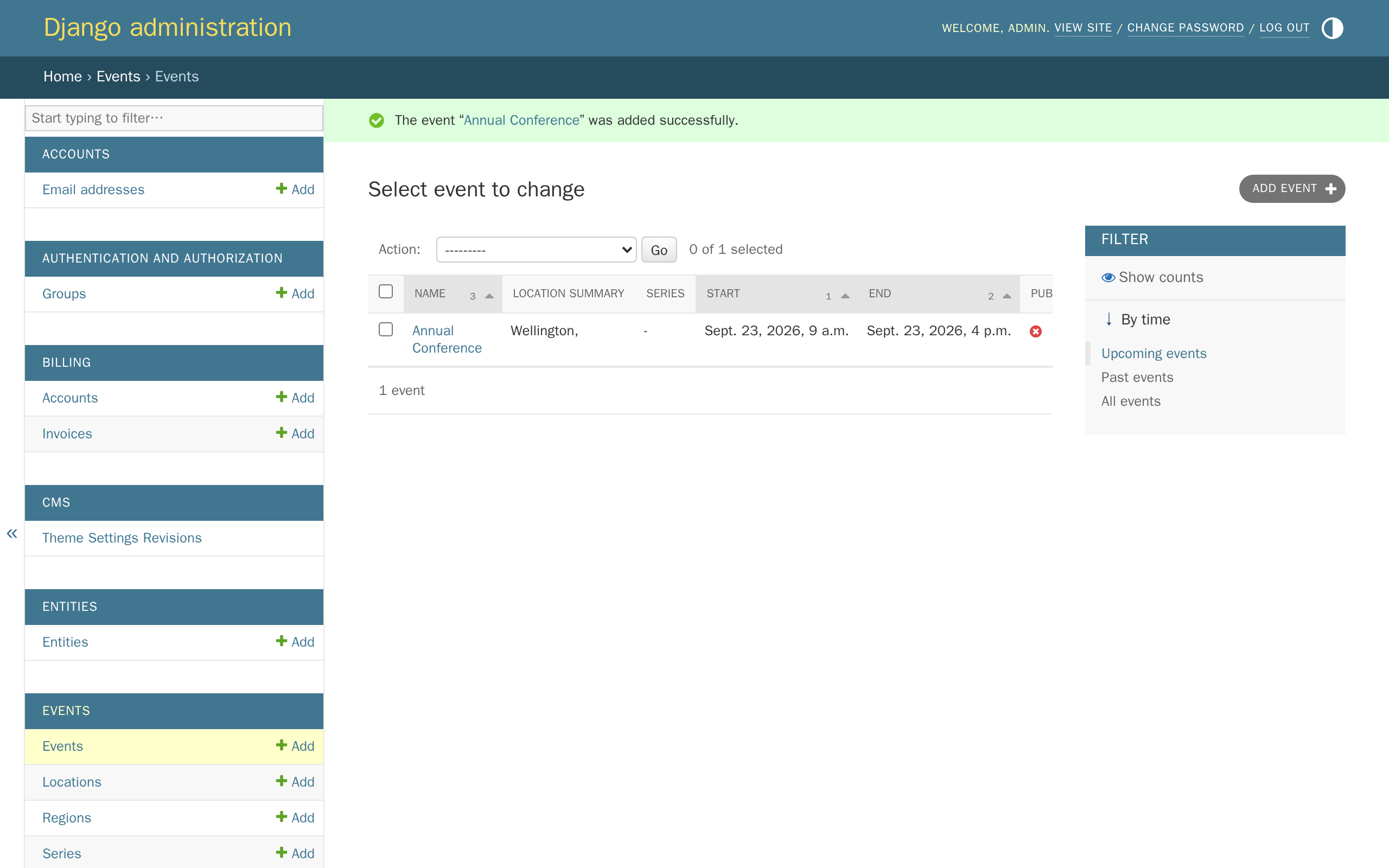 The new event listed after saving, not yet published