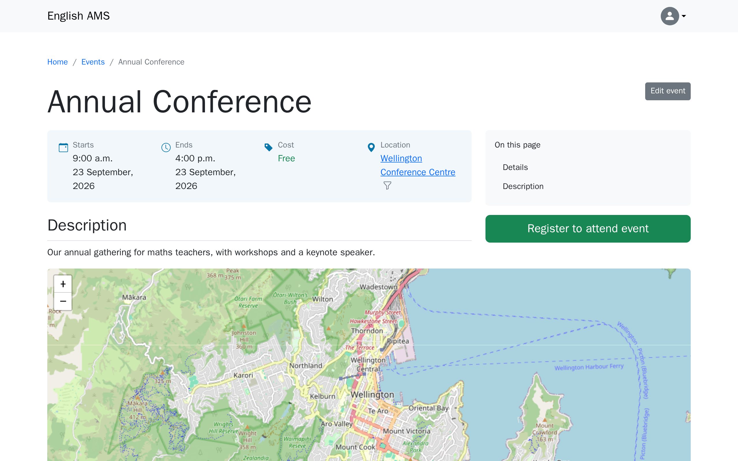 The event's own page, showing its details and a Register to attend event button