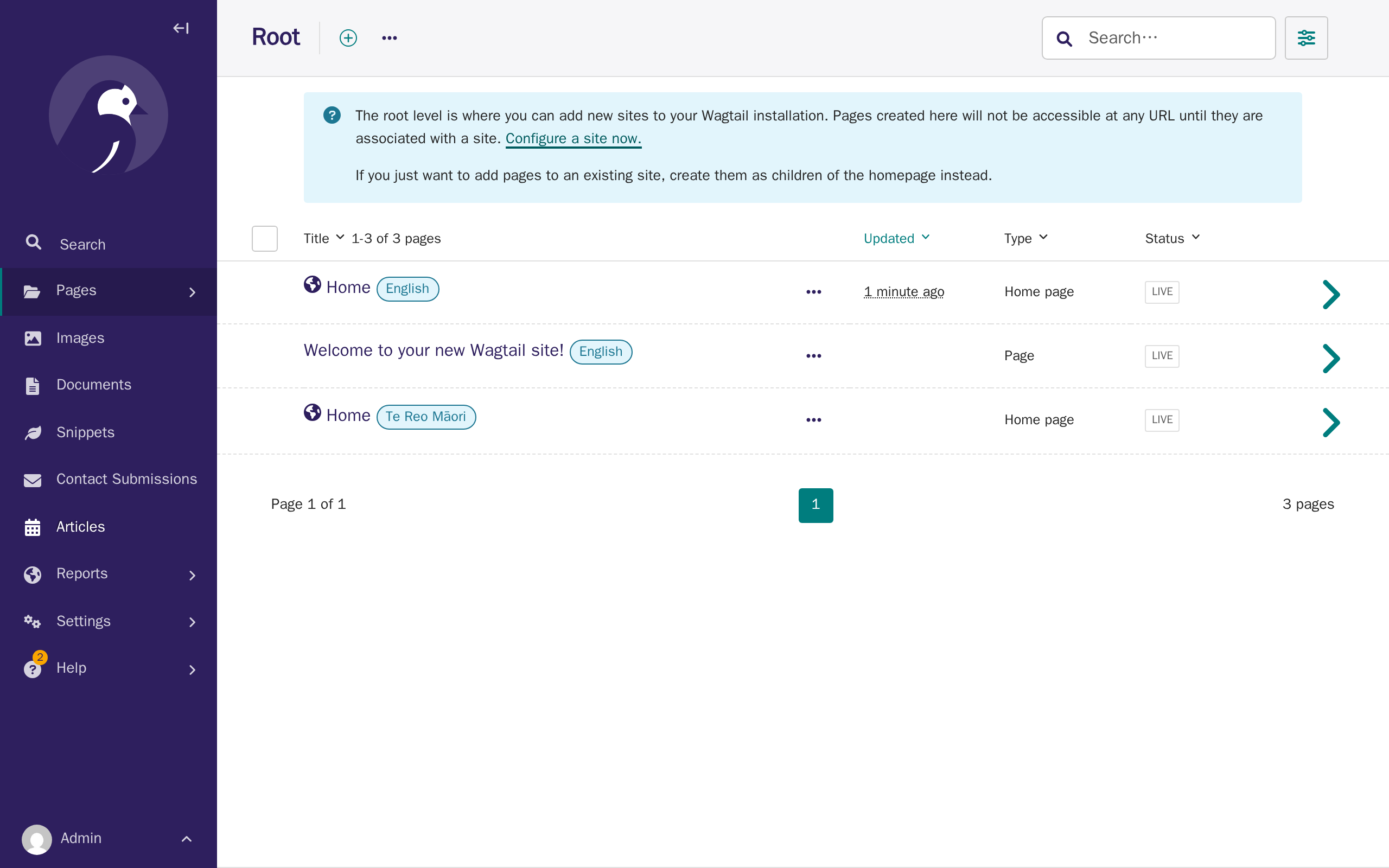 The Pages explorer at the root level, showing a separate Home page for each enabled language