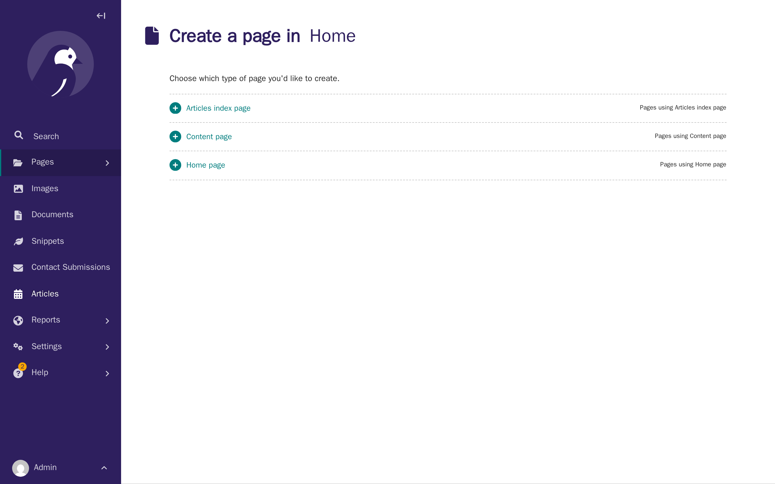 The page type chooser shown after clicking Add child page under the Te Reo Māori Home