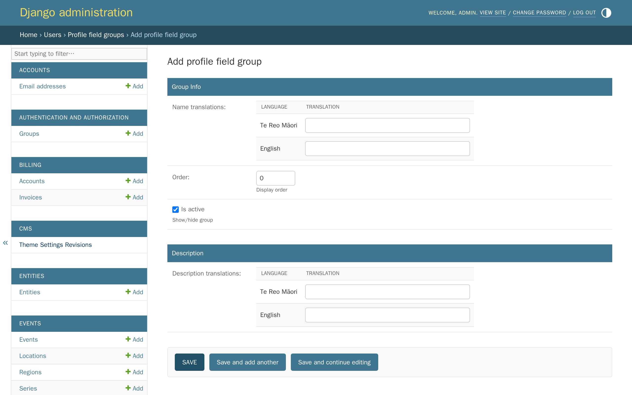 The empty Add profile field group form