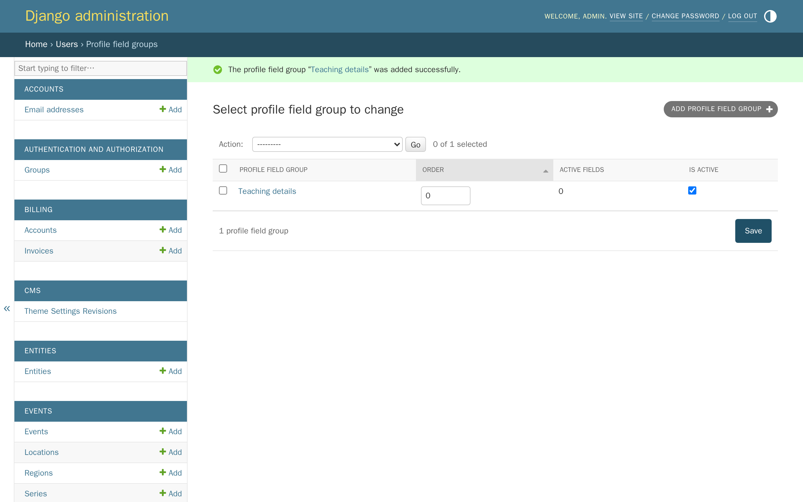 The new Teaching details group listed after saving