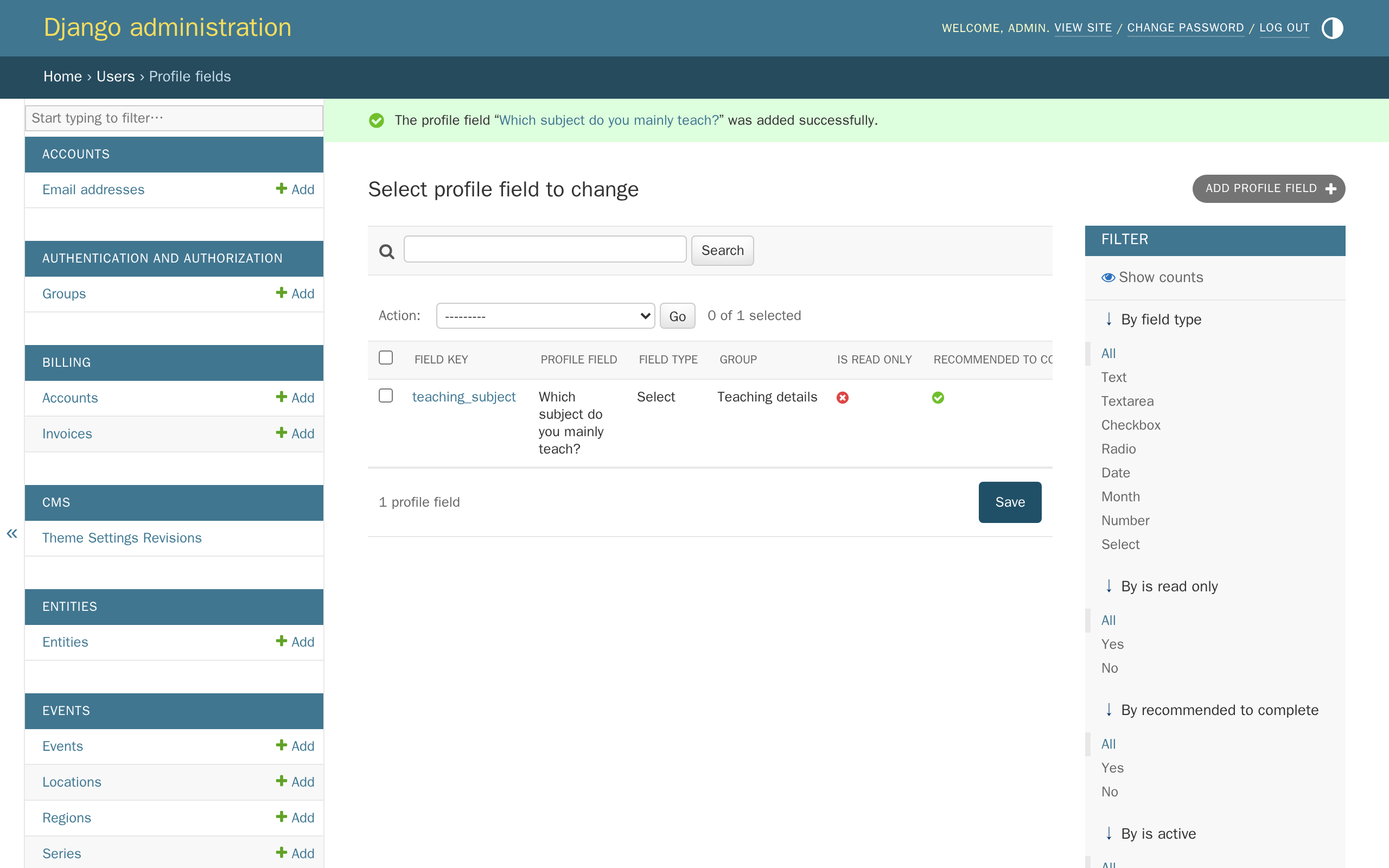 The new teaching_subject field listed after saving