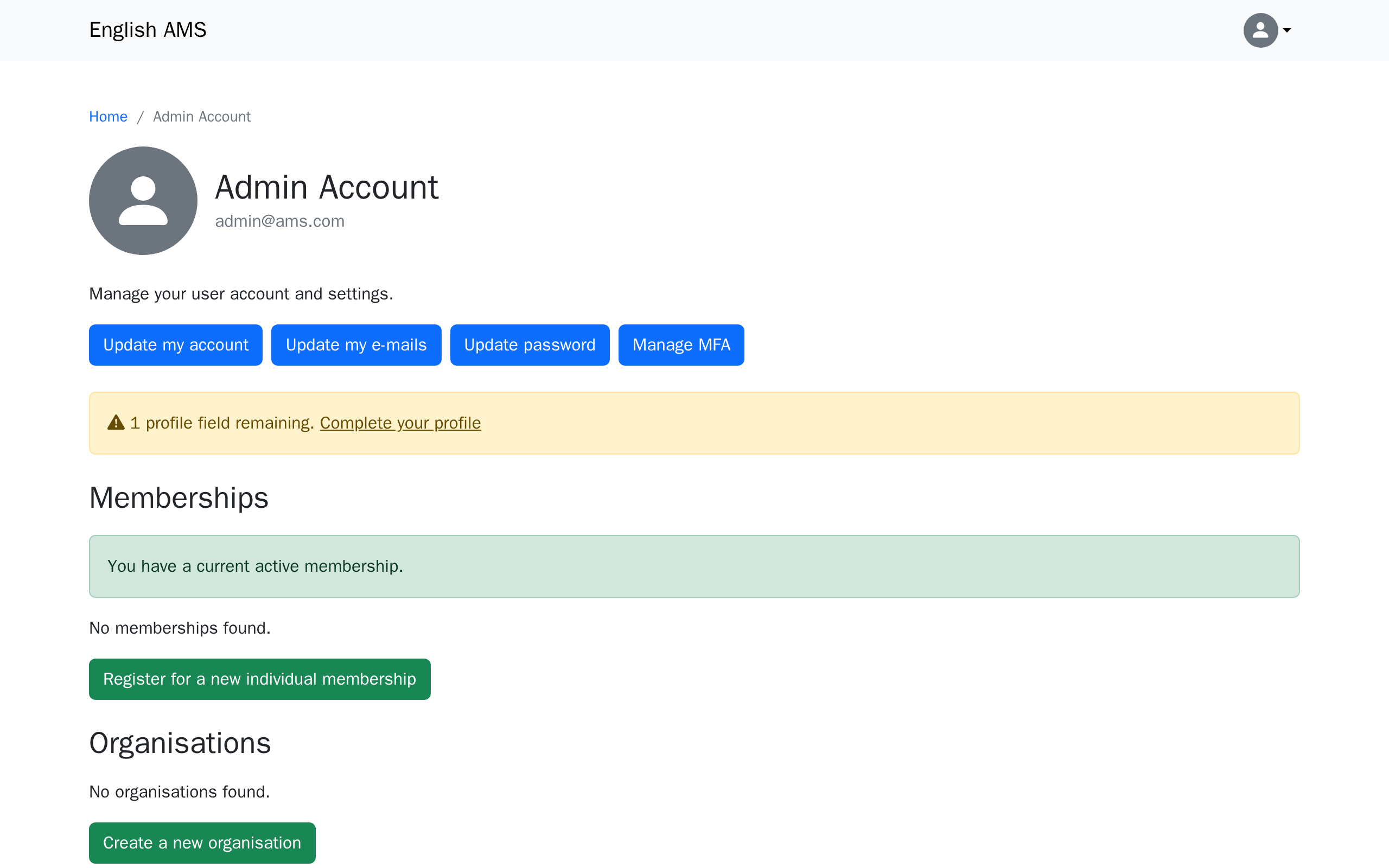 The account page's profile-completion nudge, showing 1 profile field remaining