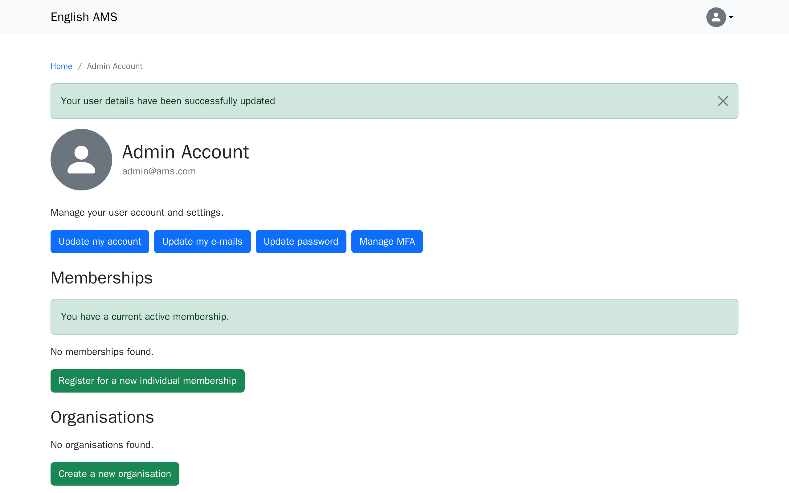The account page after answering the field, with the profile-completion nudge no longer showing